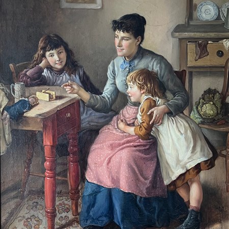 George Augustus Holmes (British, 1822 1911), Interior Scene With Mother And Children, Oil On Canvas, 1875